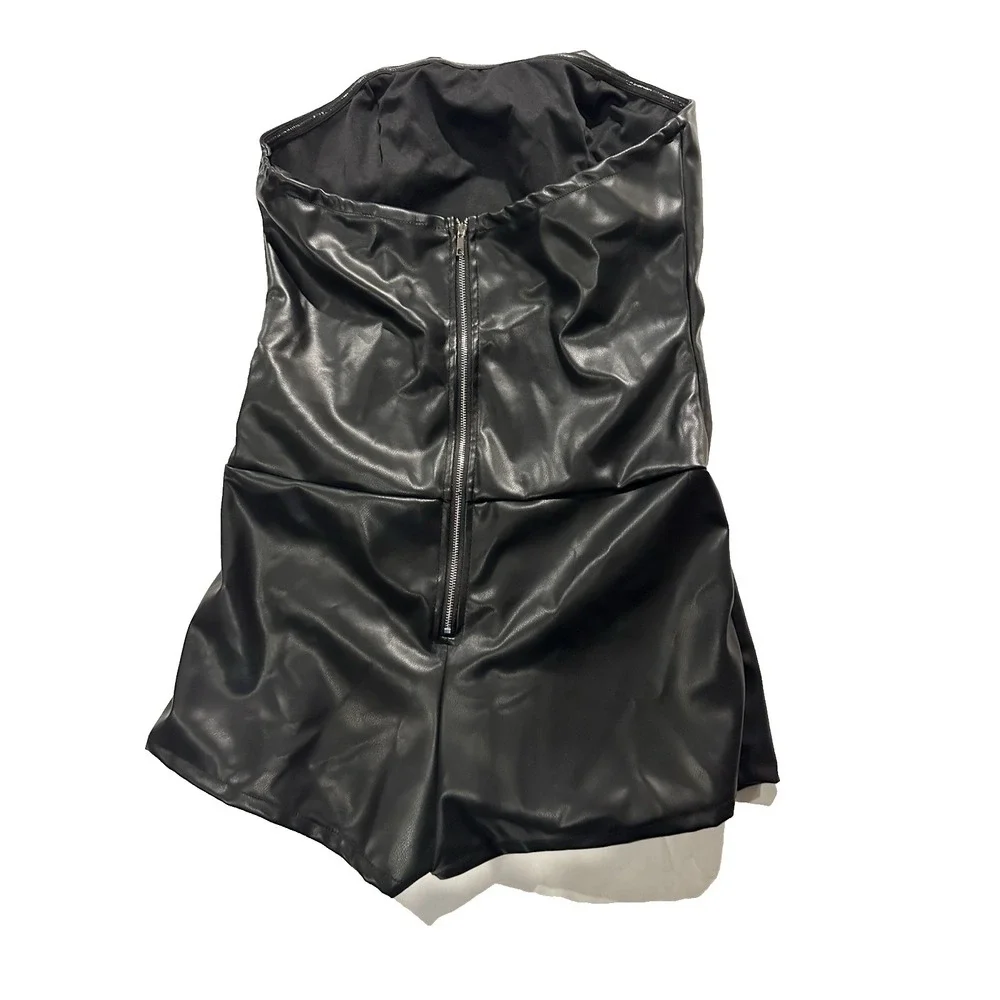 Fashion Nova‎ Faux Leather Strapless Romper Black Buckle Detail Size L